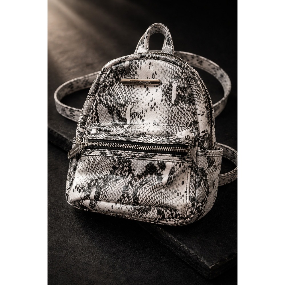 Steve Madden Mini Backpack Snakeskin Print Faux Leather Black White Animal Print
